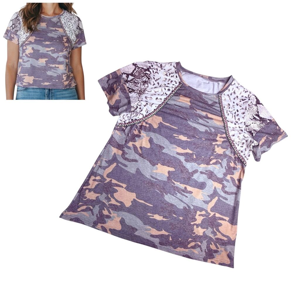 Viwedo Camo Animal Print T Shirt Womens XL Tee Top Cotton Blend Leopard Snake